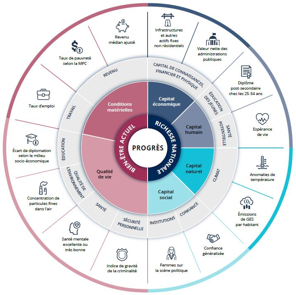 Roue conceptuelle des indicateurs de progrès du Québec